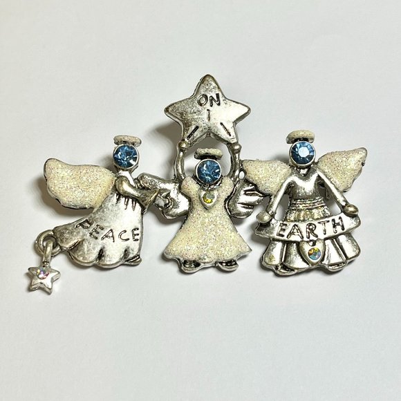 Vintage Christmas Angel Brooch Pin Silver Tone PEACE ON EARTH Star Blue Crystal - Picture 2 of 9